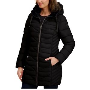 Nautica Faux Fur Accent Hooded Puffer Coat in Black